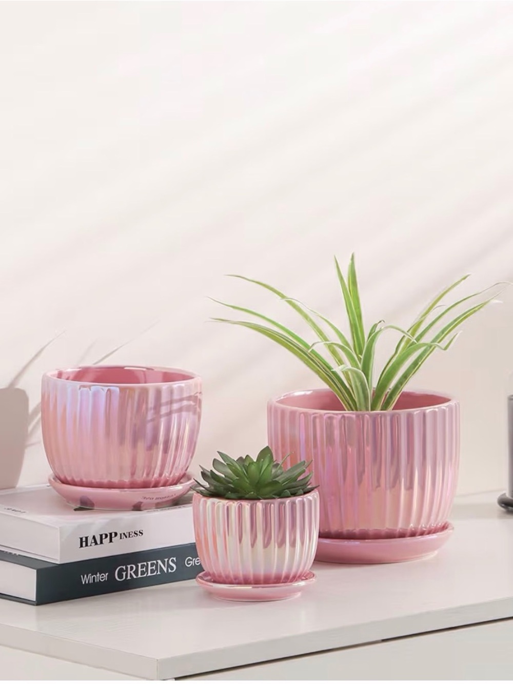 Pink Iridescent Ceramic Ribbed Planter Set - Picture 2 of 5